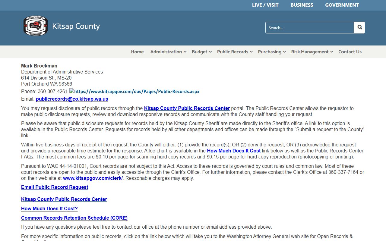 Kitsap County Public Records page with instructions for county and sheriff records