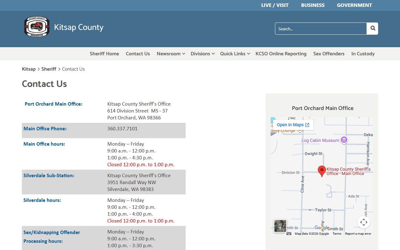Kitsap County Sheriff's Office contact page showing corrections and public records contacts